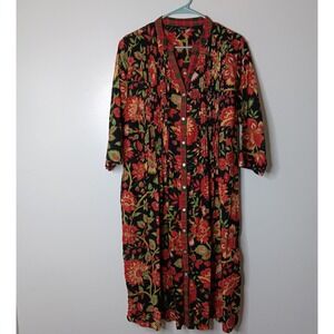 Vintage J. Peterman Kaftan L Black Red Green Floral Plaid Pockets Pintuck Indie